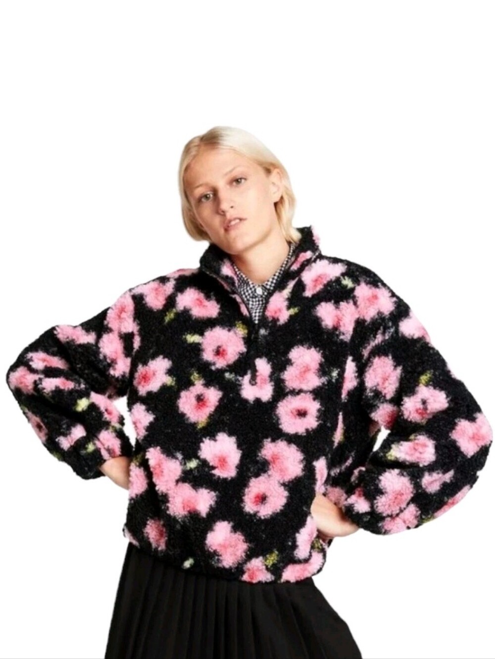 NWOT Sandy Liang x Target Black Sherpa 1/4 Zip Jacket Pink Floral Size S